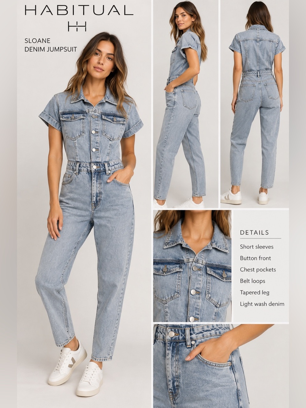 Habitual Sloane Denim Jumpsuit Light Wash Short Sleeve Size 2/26